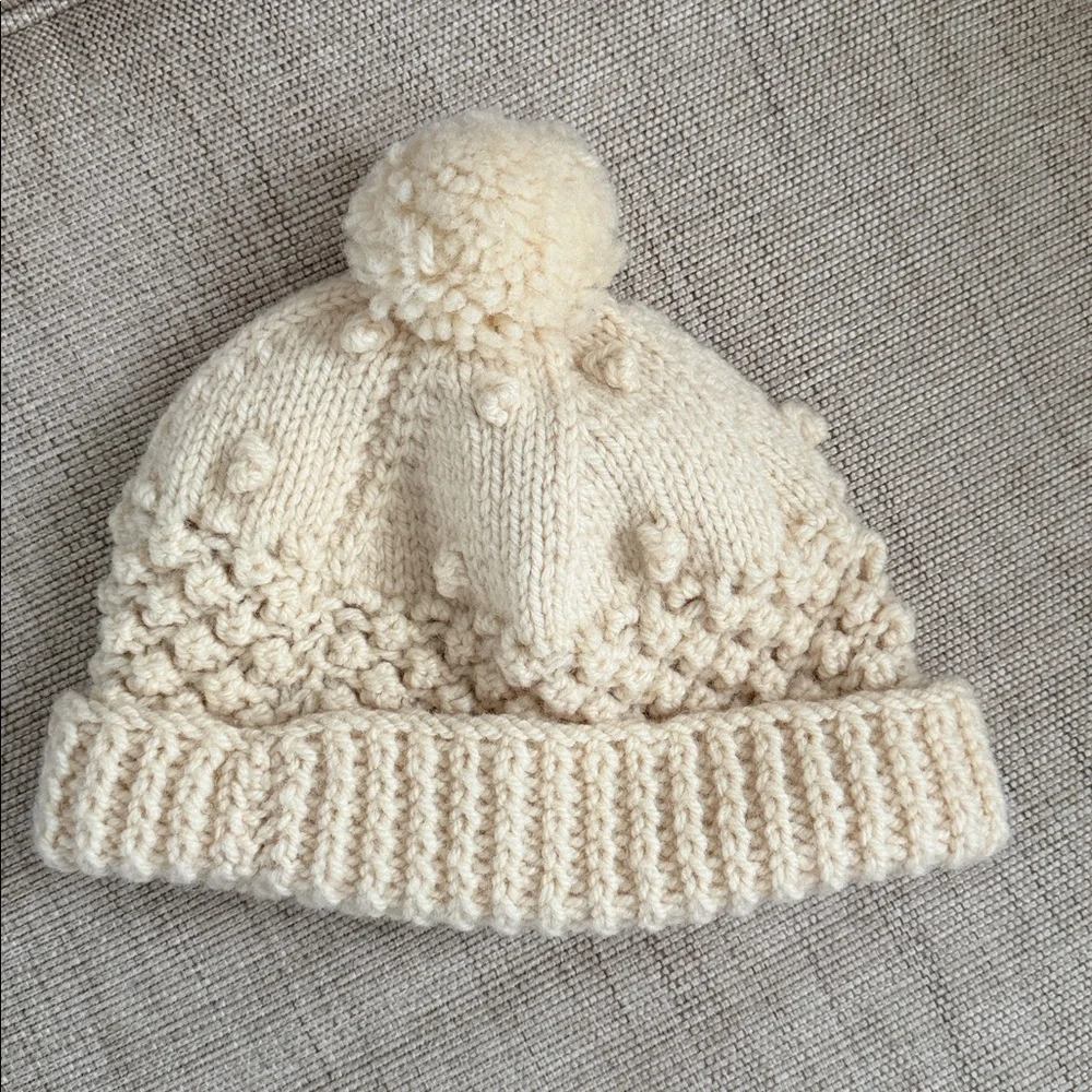 Vintage hand-knitted Kids beanie textured bubble stitch pom-pom Irish Wool?